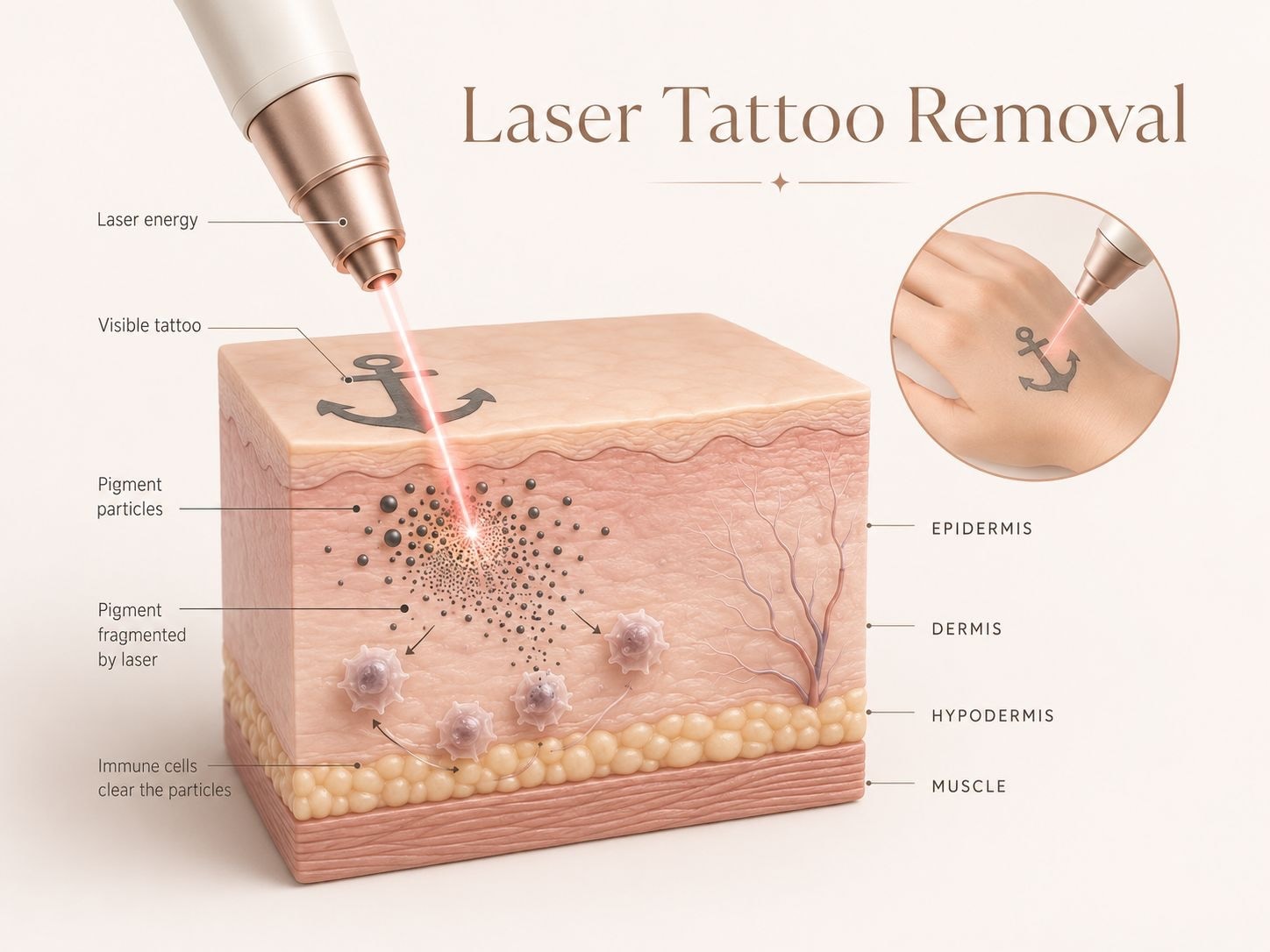 Diagram showing how laser tattoo removal works: laser energy fragments the pigment and immune cells clear the particles